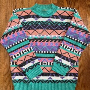 French Navy Vintage Sweater Geometric Design Size Medium